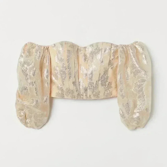 NWT H&M Conscious Off-the-shoulder Top Beige Silver Balloon  Sleeve Size O - Picture 6 of 15